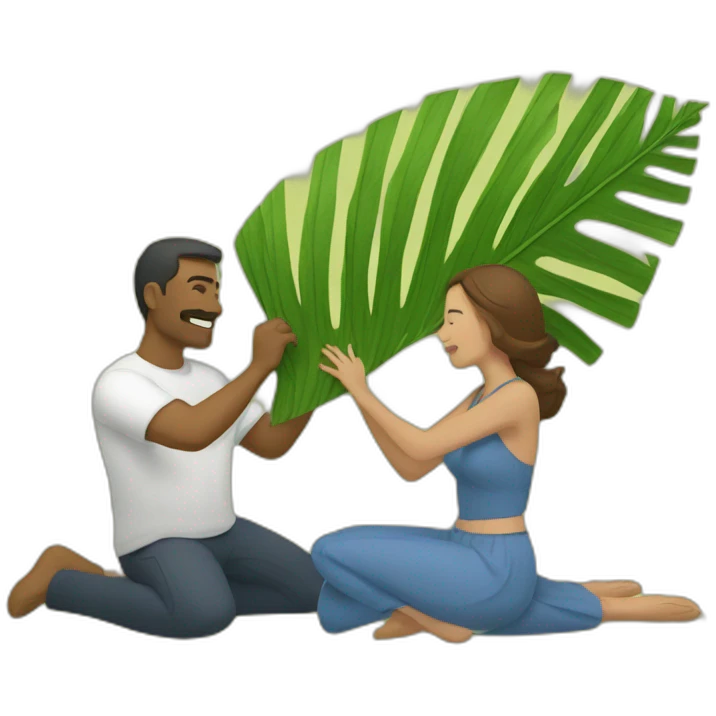 a man is laying and a woman is fanning him with palm leaf emoji