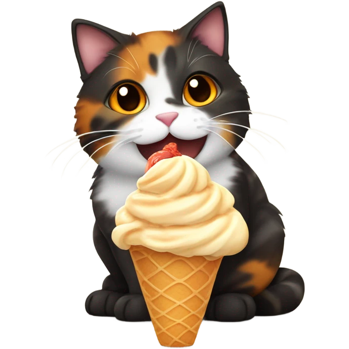 Cute fat tortoiseshell cat eating ice cream emoji