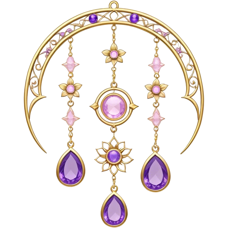 Epic Hanging gold suncatcher, threads with shiny sparkly amethyst and rose-quartz gemstones, flowers, crescents-moons emoji