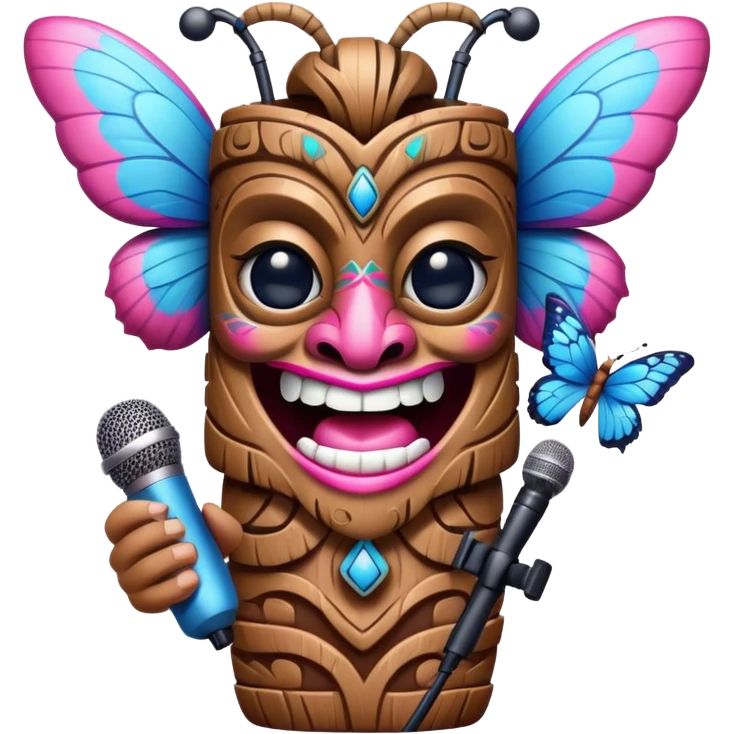 Pixar style little Cartoon Blue and pink tiki singing with butterfly and in the microphone, ultra detailed and lifelike imagery emoji