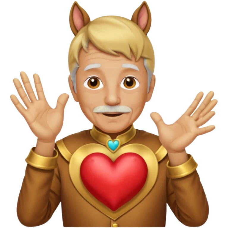 피부가 황금으로 된 할아버지가 말 코스프레를 하고 손으로 하트 모양을 만들며 부끄러워한다 emoji