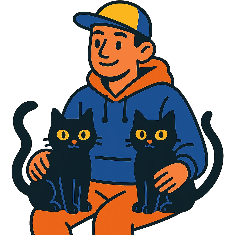 guy with a cap and hoodie, two black cats on his lap emoji