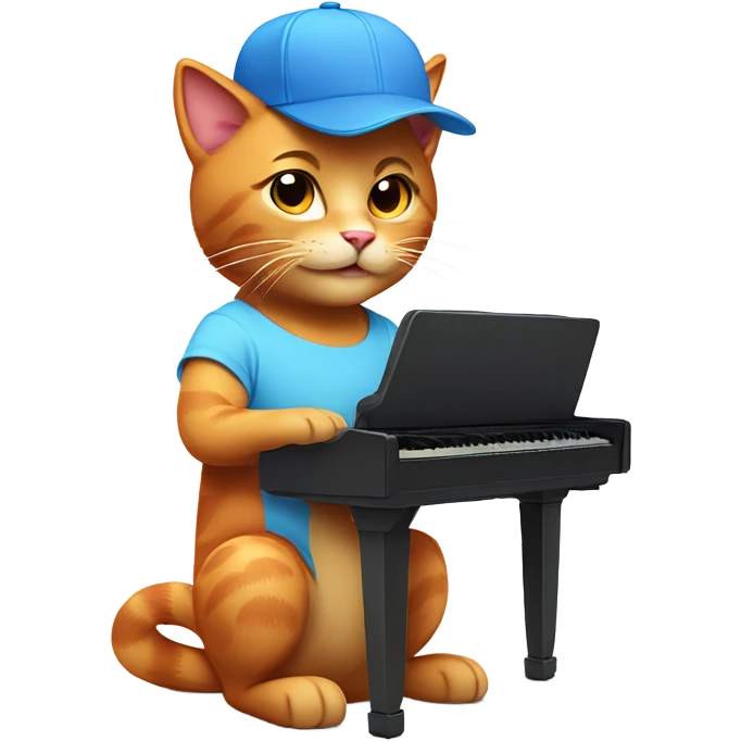tan-red cat wearing a light-blue t-shirt and a blue base cap taps musical keyboard emoji