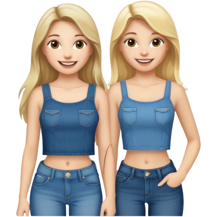 a long hair brunette pale girl and a blonde girl in jeans and crop tops smiling friends emoji