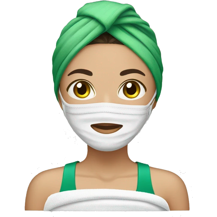 Woman with dark hair wearing spa head towel and green face mask emoji