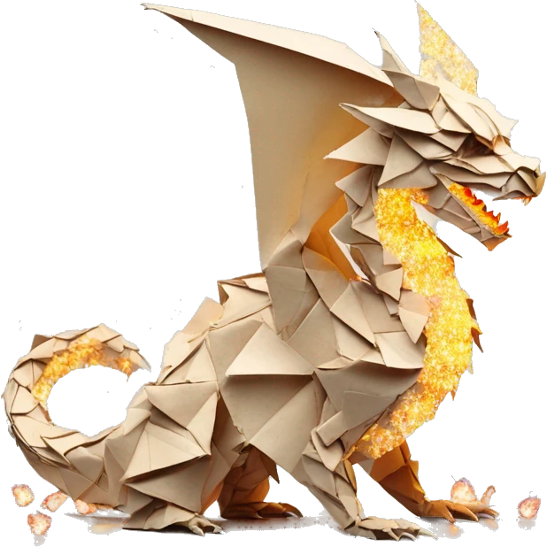 Beige Origami dragon made of newspapers on fire surrounded by fairy lights swirls covered in dried flowers bokeh library bunting floral flowers fire flames emoji
