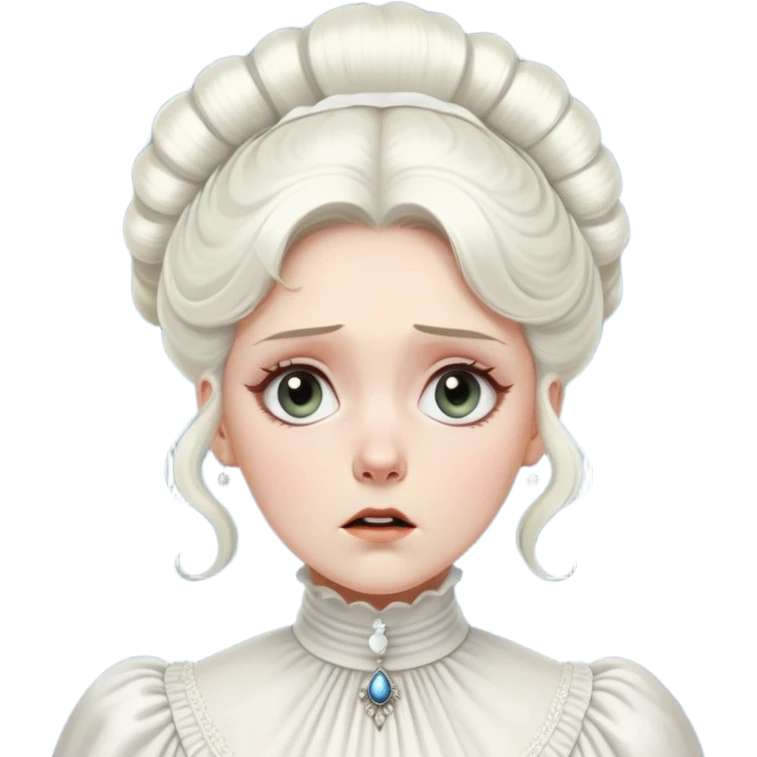 Awestruck Victorian-era white woman with white coiffed hair, light eyes, wearing a simple turtleneck Victorian gown, with a dropped jaw in shock emoji