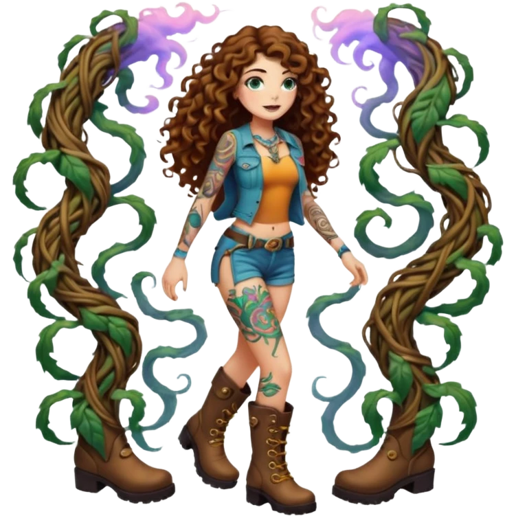 full body view of a woman with long curly brown hair, brown eyes, white skin, tattoos, walking forward through psychedelic fog, glowing vines wrapping around her boots emoji