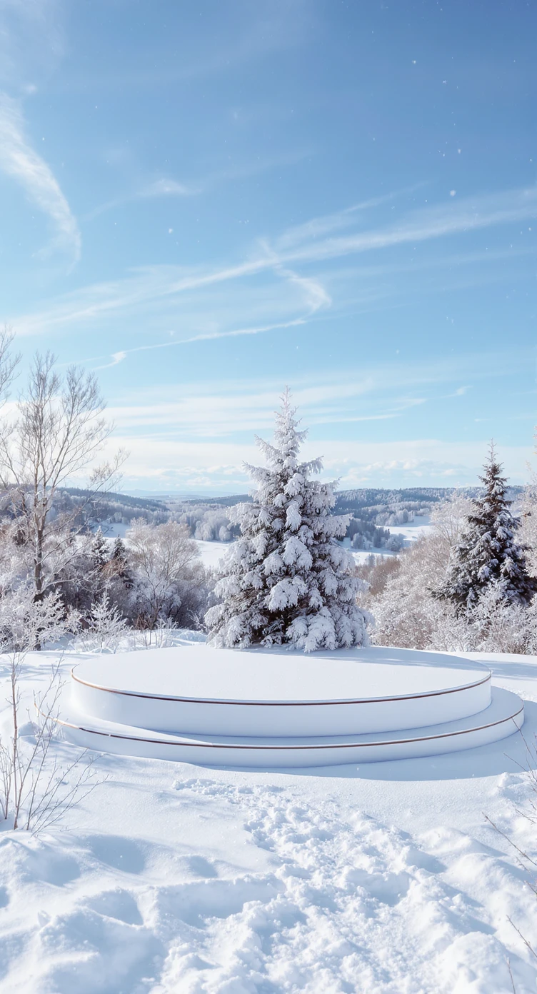 Cinematic still of a winter landcape, sunny day, white circle stage on middle, snowy,christmas tree in snow, in background we can see beautifull snowy landscape, soft light, symmetrical, day, captured on arri alexa --no curtains emoji