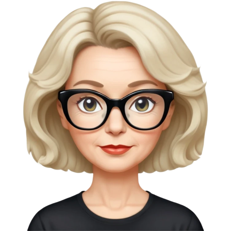 white woman about 50 years old with light warm skin, wide face, wavy black neck-length 80s short hair, low volume, neutral expression, large black shiny butterfly or cat-eye glasses, white casual t-shirt emoji