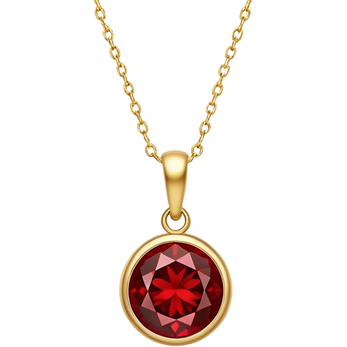 polished round red garnet pendant suspended from a delicate gold chain, glowing with warmth and magic emoji