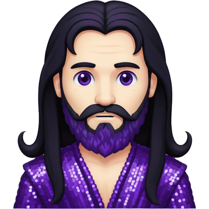 Pluto, God of Death from Gods and Goddesses with long black hair and beard, deep purple sequin outfit emoji