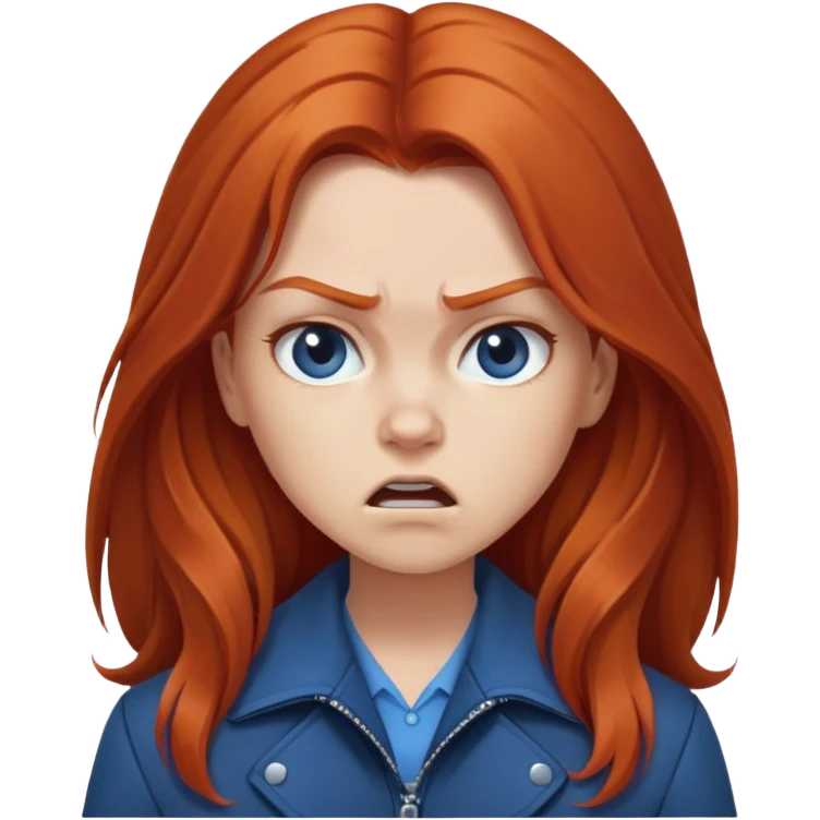 Redhead girl with long hair in blue jacket looking angry emoji