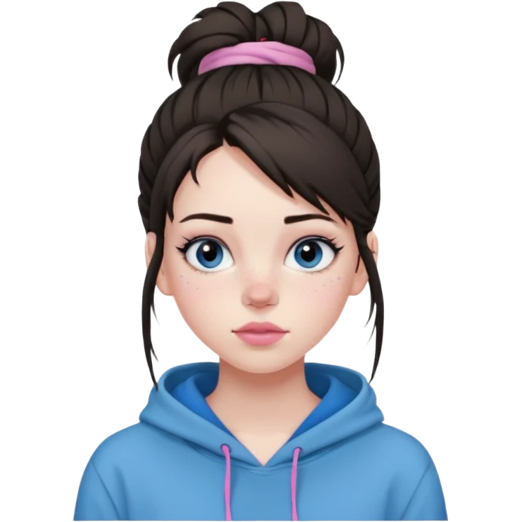 Create a teenage girl with straight brunette hair pulled into a messy bun, pale skin, light freckles, and blue-grey eyes. She will have pink lips and long black eyelashes. She will be wearing a big black hoodie. emoji