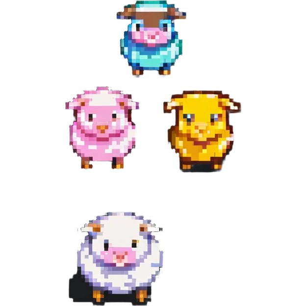 Minecraft style sheep, blocky pig friend, and blocky chicken friend together emoji