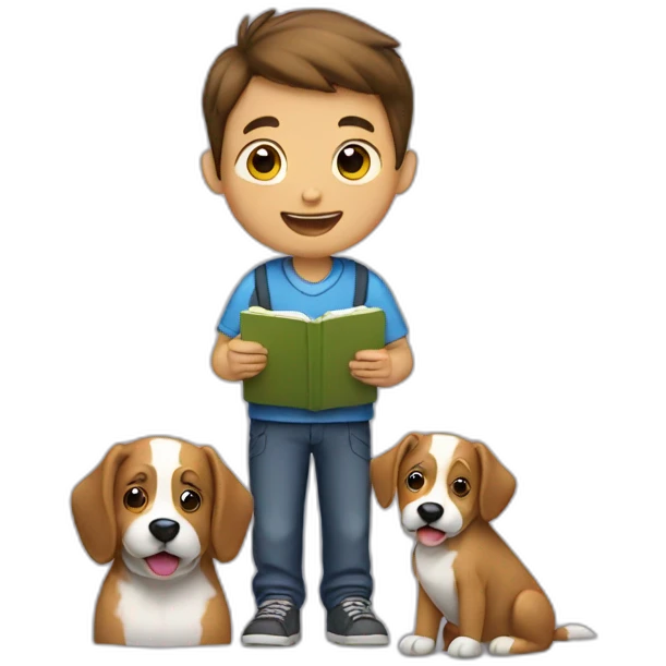 a boy with a notebook and a dog closing his notebook emoji