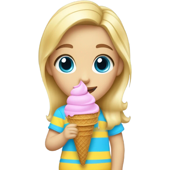 Girl with blonde hair, blue eyes, yellow striped shirt, holding vanilla ice cream cone emoji