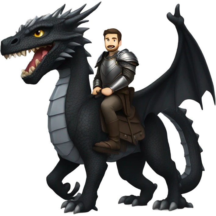 Confident armored White Man with dark brown hair and a short beard riding on the back of a giant armored black dragon emoji