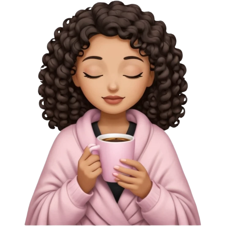 woman with medium tan sand tone, black mid length 3b curls, closed eyes, feminine face, holding soft pink coffee cup with beige blanket over shoulders emoji