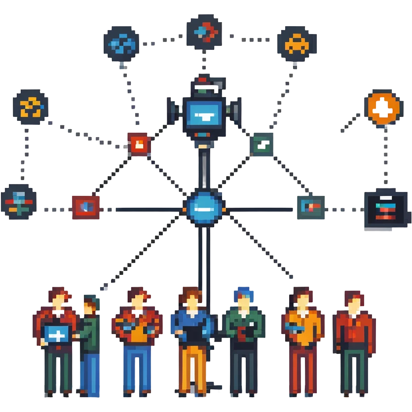 pixel art style illustration of a professional filmmaking network showing multiple cinema professionals (director, cameraman, sound engineer, editor, etc.) connected by lines or connection symbols, collaborative atmosphere, figurative style, large image emoji