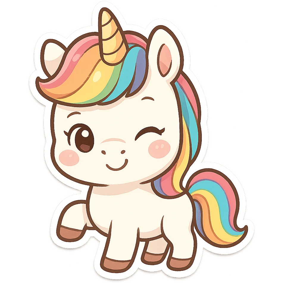 chibi sticker-style winking unicorn with a rainbow mane, cute and exaggerated emoji