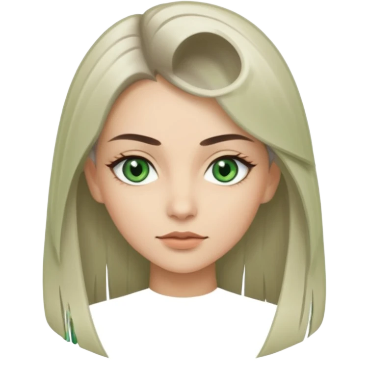 женщина с зелёными глазами, красивыми бровями, серо-бежевыми длинными волосами, с асимметричным пробором чёлкой, подстриженной каскадом  emoji