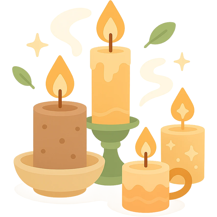 Several cute, glowing candles with flickering flames, set in a cozy and magical atmosphere, designed in a soft color palette: golden orange (FA9B41), deep forest green (4A7C5C), warm taupe brown (96775A), and pastel peach (FFCC9A). The candles are in delicate, slightly vintage holders, with the flames casting a gentle, warm glow. The wax is in shades of golden orange and peach, with subtle gradients, and small decorative patterns or tiny sparkles around them. The soft light from the candles creates a dreamy, enchanting ambiance, surrounded by tiny floating leaves or soft mist. The overall mood is serene, inviting, and magical. emoji