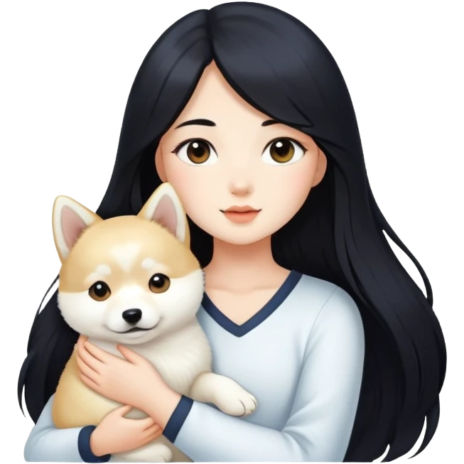 A beautiful girl with long black hair is holding a long-haired white Shiba Inu puppy emoji
