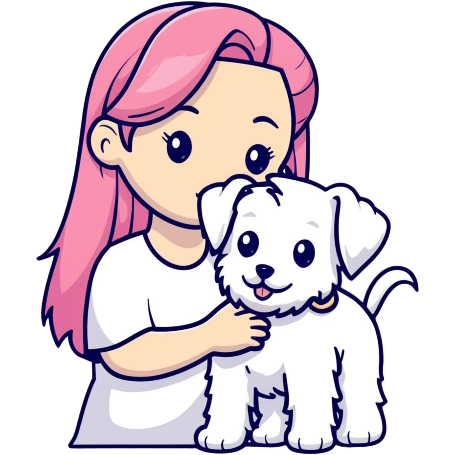 Girl with long flowing pink hair holding a white schnauzer dog emoji