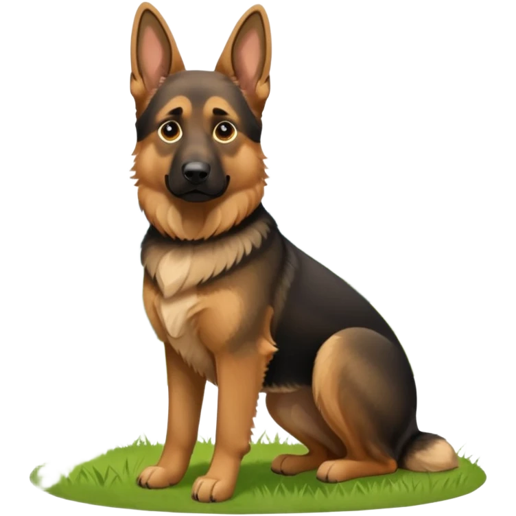 A German Shepherd standing alert on a grassy hill, looking into the distance with its ears perked. Realistic outdoor lighting, strong and intelligent expression, professional pet photography. emoji