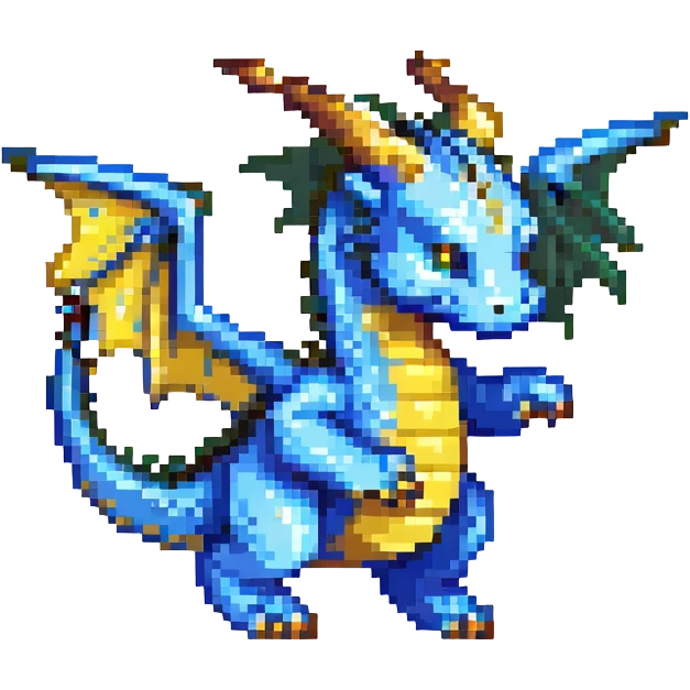 pixel art dragon, blue and gold, flying pose emoji