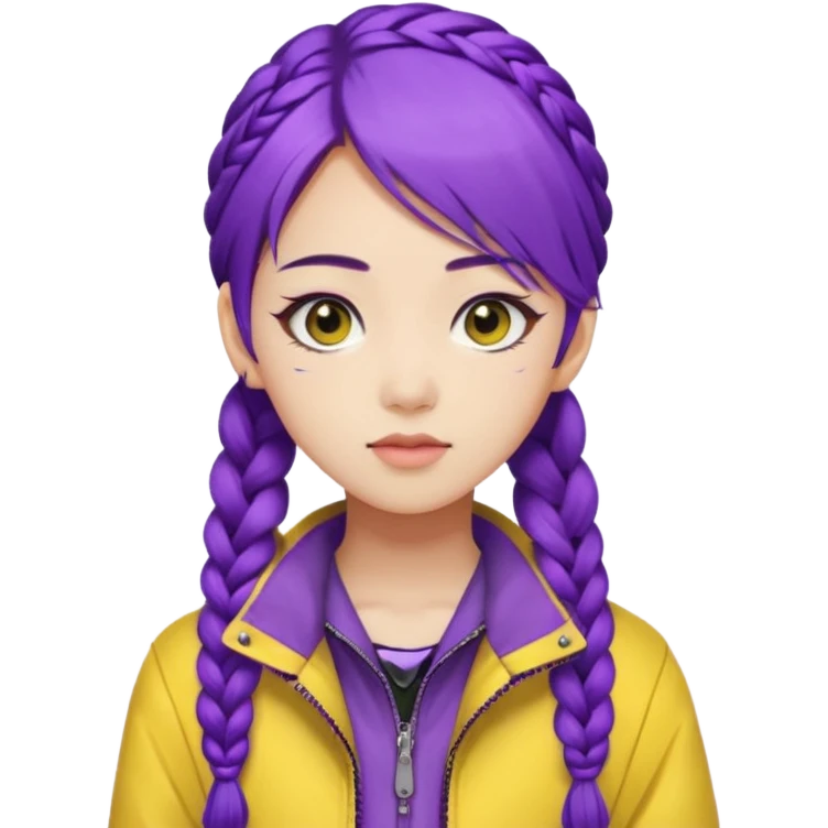 kpop hunters Rumi purple hair one large braid, asian, yellow jacket and wearing eyeliner emoji