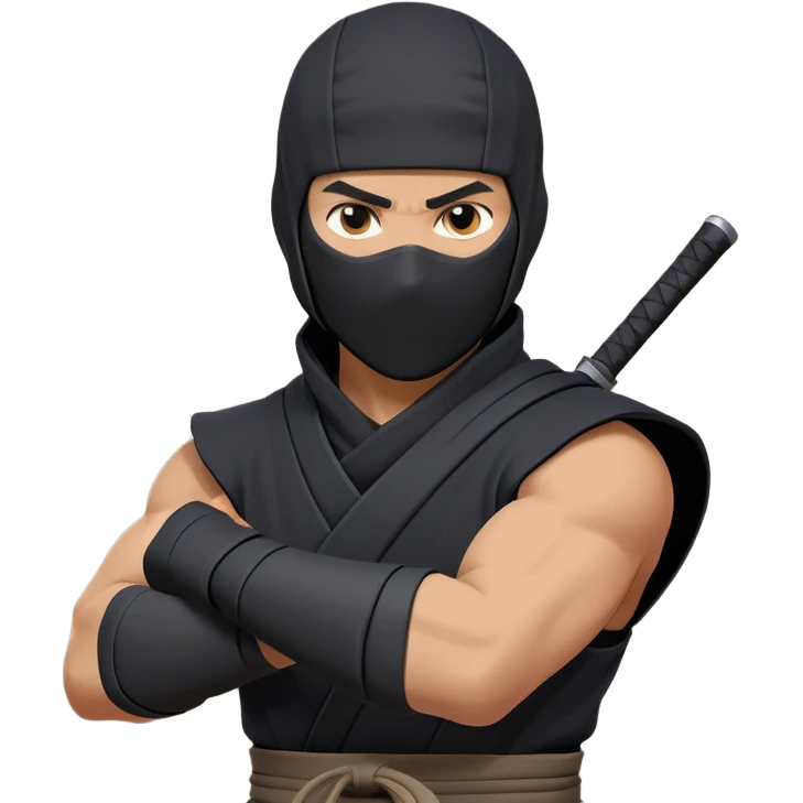 clash-of-clans-aesthetic_-cinematic-mysterious-male-ninja-portrait-emoji, rendered in a flat, vector-style with minimal shading and bold, simplified shapes, his arm is stretched out  with a head slightly turned revealing intense, focused eyes. the ninja has his arm out and perched on top of his forearm is  a black crow emoji