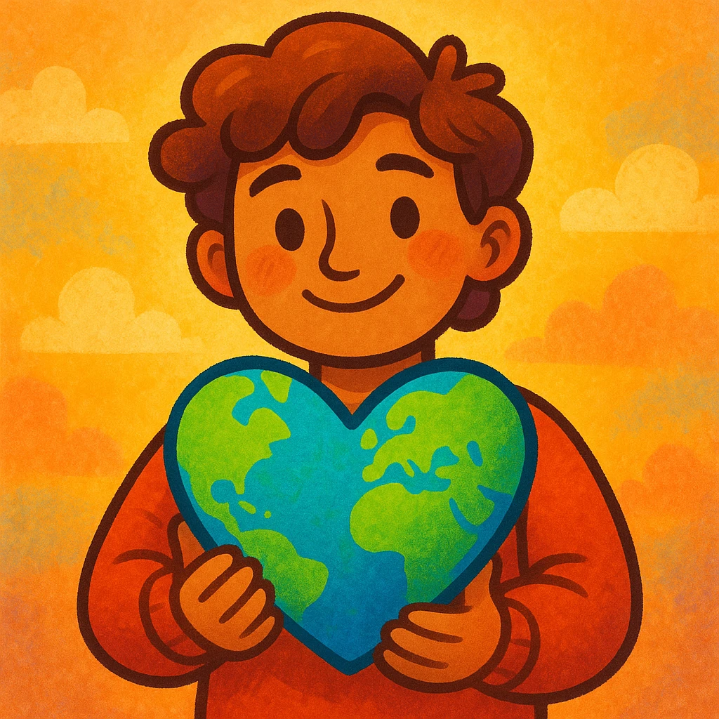 a character holding the Earth shaped like a heart, visually appealing style, vibrant colors, friendly and warm atmosphere emoji
