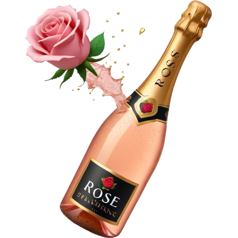 bottle of sparkling rosé champagne with a rose logo on the label, with the cork exploding out from the top, tilted up and to the left, no glass emoji