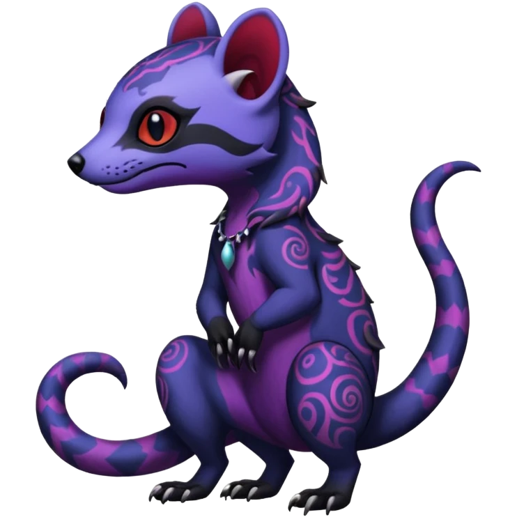 Rare warm-colored exotic gloomy tropical edgy cute epic aesthetic spooky indigo violet purple black red gothic colorful Salandit-Civet-species-Fakemon-hybrid-creature, with tribal tattoo markings, full body emoji