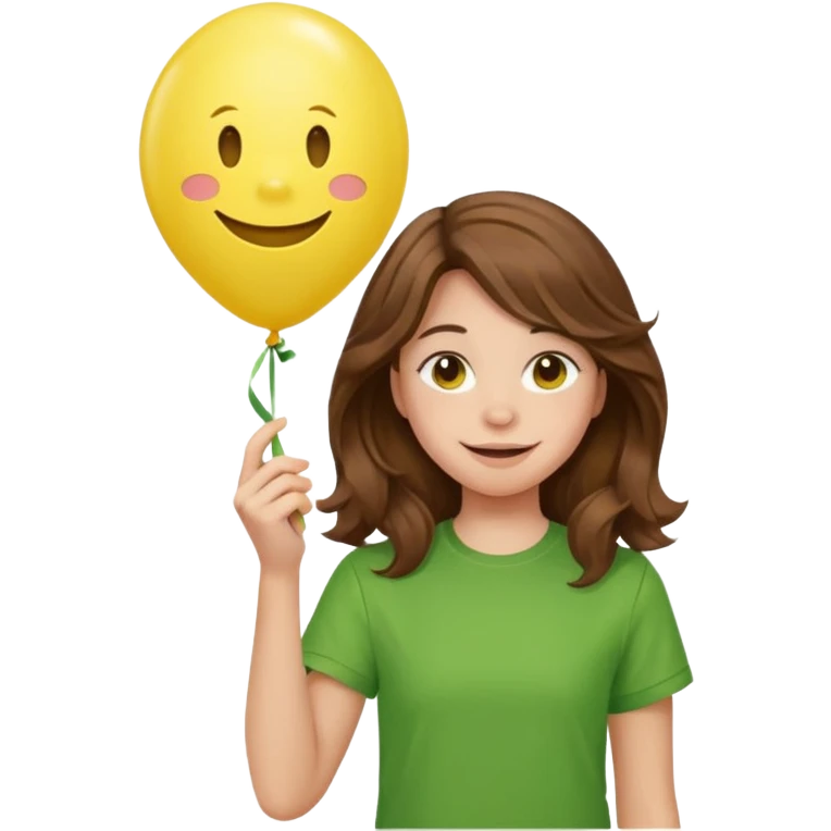 Teen girl wavy brown hair, green shirt, with smiley-face balloon emoji