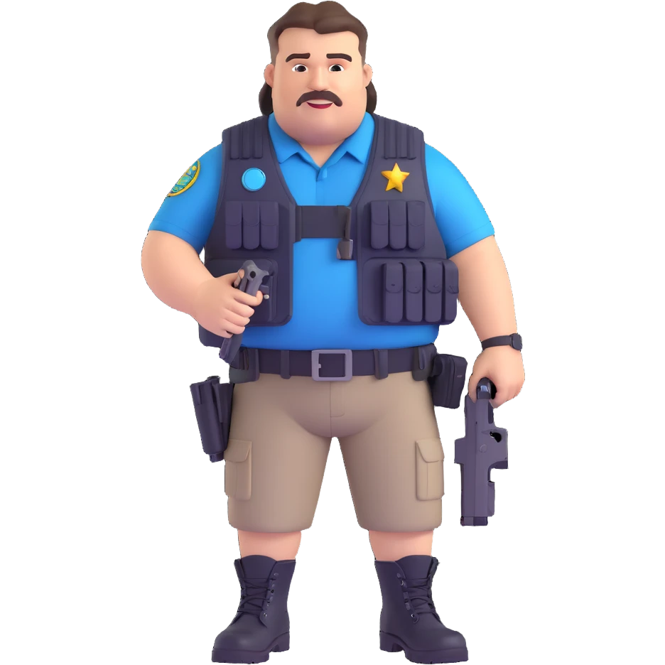 fat federal agent buck teeth tactical vest covered in gadgets redneck look mullet haircut sleeveless shirt boots 3D cartoon style emoji