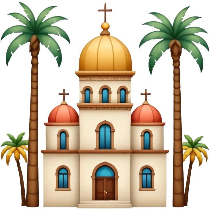 California landmark with colorful tiled dome, slender ornate tower, palm trees, Spanish Colonial Revival, simple emoji