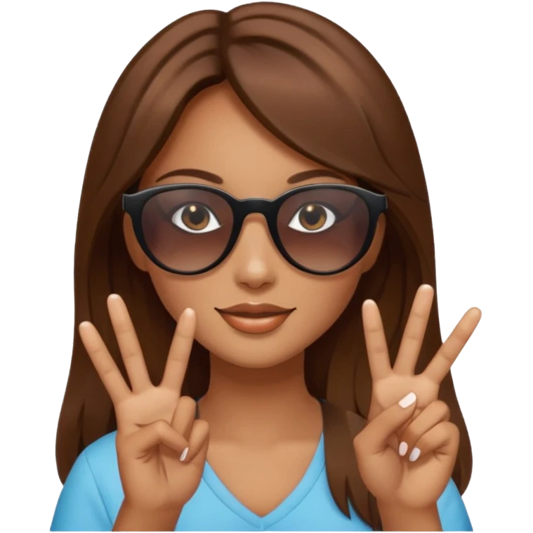 Brown hair girl with sunglasses who makes a peace sign with her fingers emoji