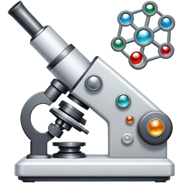 An icon featuring two-ocular electron microscope, a metal alloy, atomic structure symbols, a crystal structure. The design includes different materials like metals, ceramics and polymers, alongside a stamp representing testing and quality control. Transparent background emoji