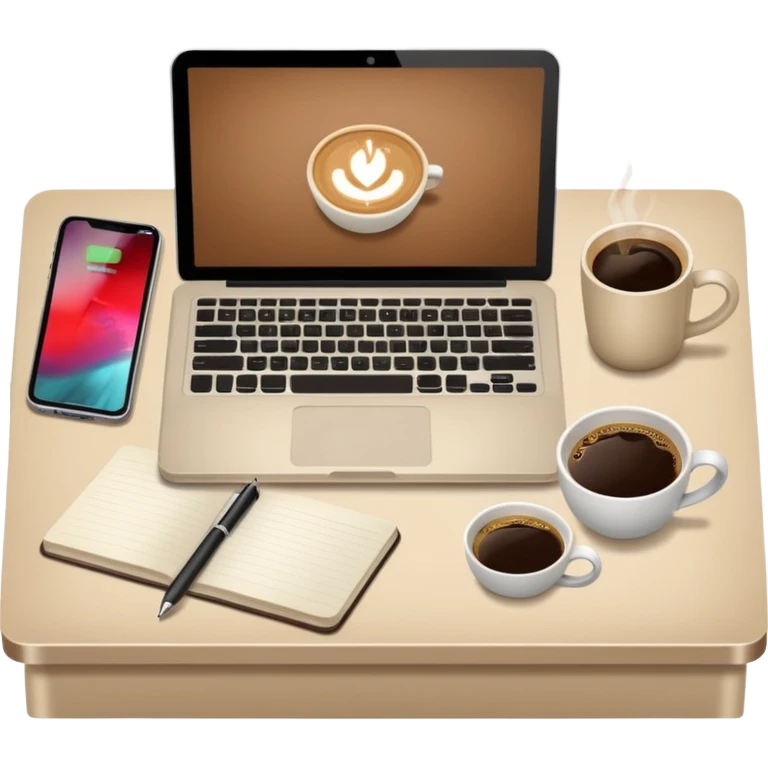 Laptop on the rectangular beige table, coffee and notebook emoji