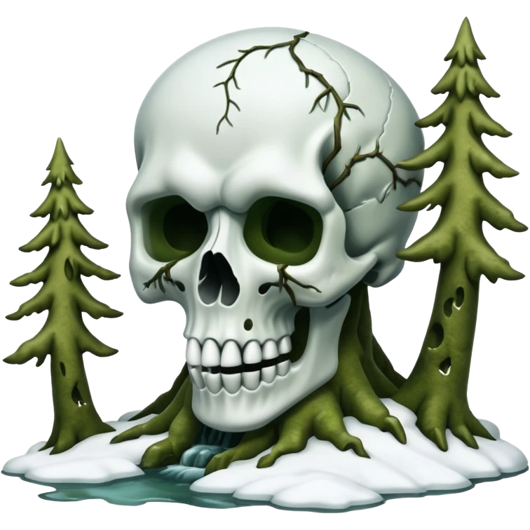 A surreal Alaskan snow covered landscape with mossy trees, in the style of your bleeding skull art. emoji