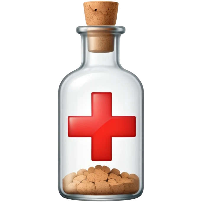 A glass medicine bottle with a cork top and red cross label emoji
