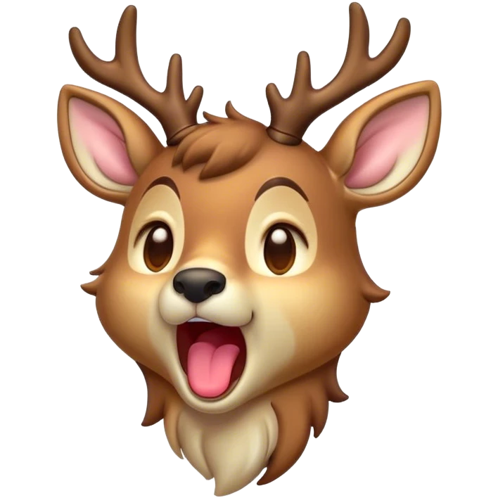 Cinematic Cute Yawning Deer Portrait Emoji, Head tilted slightly with a dramatic, wide-open yawn, revealing a soft, dappled Fur and elegantly drooping ears, eyes barely open in drowsy contentment, Simplified yet irresistibly adorable features, highly detailed, glowing with a soft, cozy glow, high shine, relaxed yet expressive, stylized with a touch of natural whimsy, bright and endearing, soft glowing outline, capturing the essence of a sleepy yet affectionate deer, so drowsy it feels like it could stretch right out of the screen and curl up for a nap! emoji