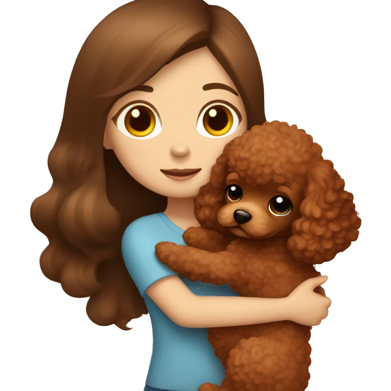 A girl with long brown hair hugging a cute red brown toy poodle puppy  emoji