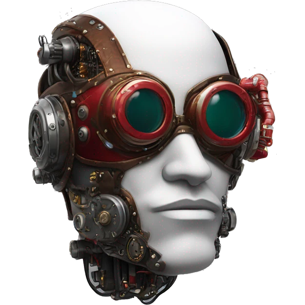 Round cyborg head with red steampunk goggles, black goatee and circuits emoji