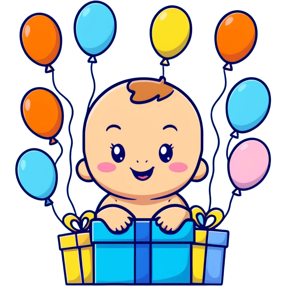 happy baby surrounded by pastel blue balloons and presents at birthday party emoji