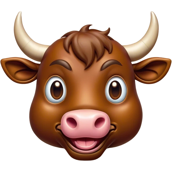 Cinematic Comical Brown Bull Portrait Emoji, Head tilted dramatically with an exaggeratedly amused expression, featuring a striking, glossy brown hide with a bold natural sheen, wide, expressive dark eyes filled with playful disbelief, Simplified yet hilariously expressive features, highly detailed, glowing with a slightly sassy glow, high shine, dramatic yet playful, stylized with an air of cheeky mischief, bright and endearing, soft glowing outline, capturing the essence of a spirited and over-the-top bull, so meme-worthy it feels like it could charge its way into internet fame instantly! emoji