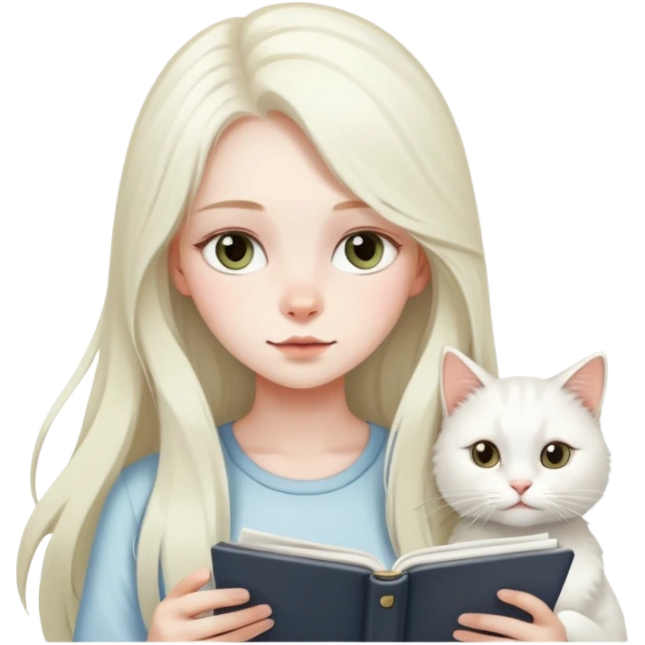 A long haired girl with a white cat looking at her notes emoji